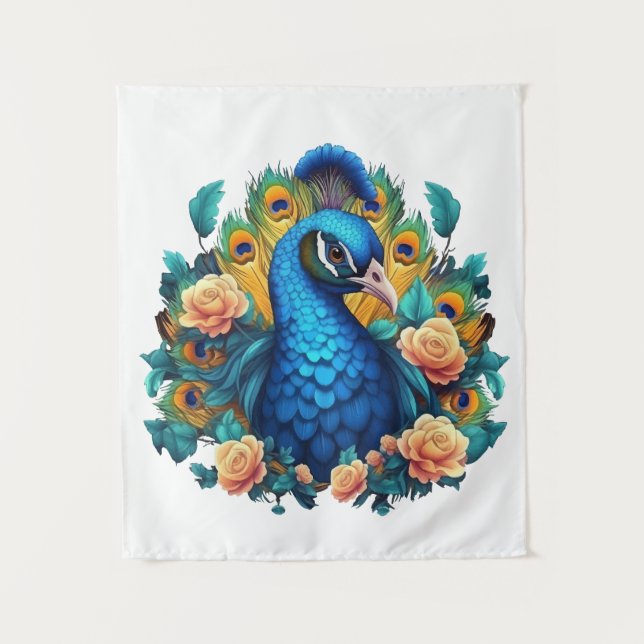 Tapete De Parede Pavão com Rosas Pêssego (Frente)
