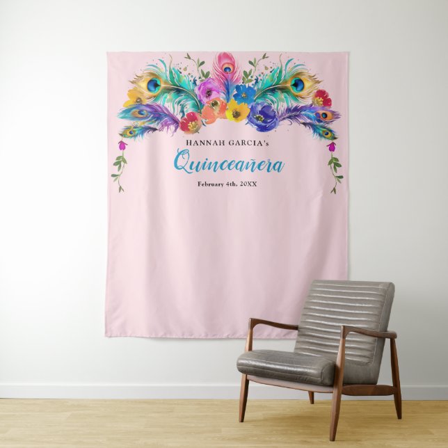 Tapete De Parede Peacock Feather Flowers Quinceañera Foto Backdrop (In Situ)