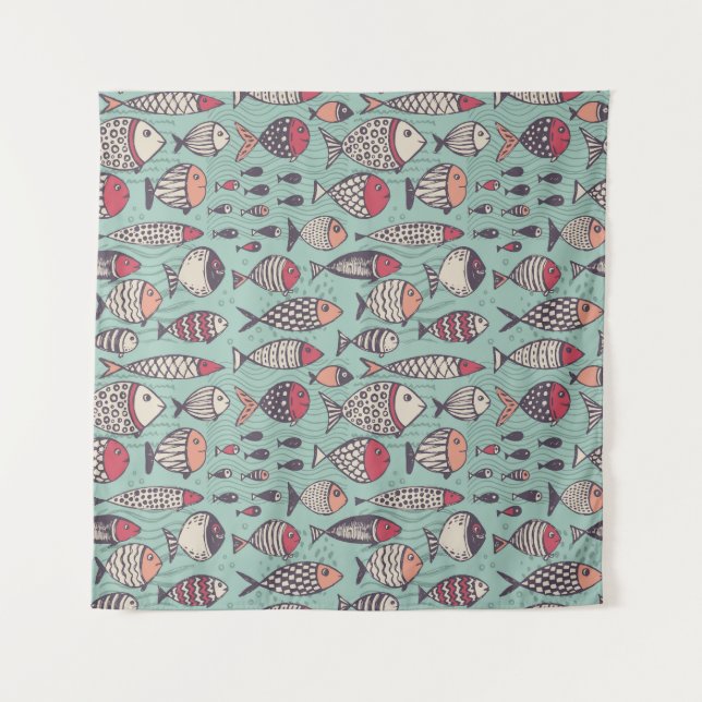 Tapete De Parede Peixes engraçados: padrão sem costura desenhado à  (Frente)