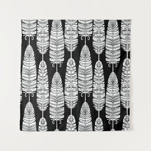 Tapete De Parede Penas boho: padrão preto e branco (Frente)