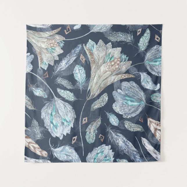 Tapete De Parede Penas Chic Boho Flores: Azul Escuro-Aquarela P (Frente)
