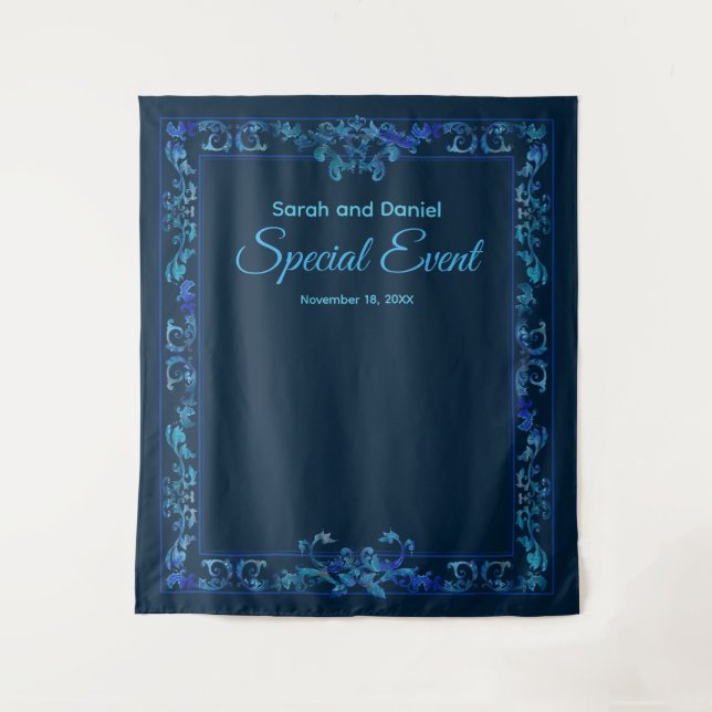 Tapete De Parede Personalizar com Nome Evento Especial Barroco Azul (Frente)