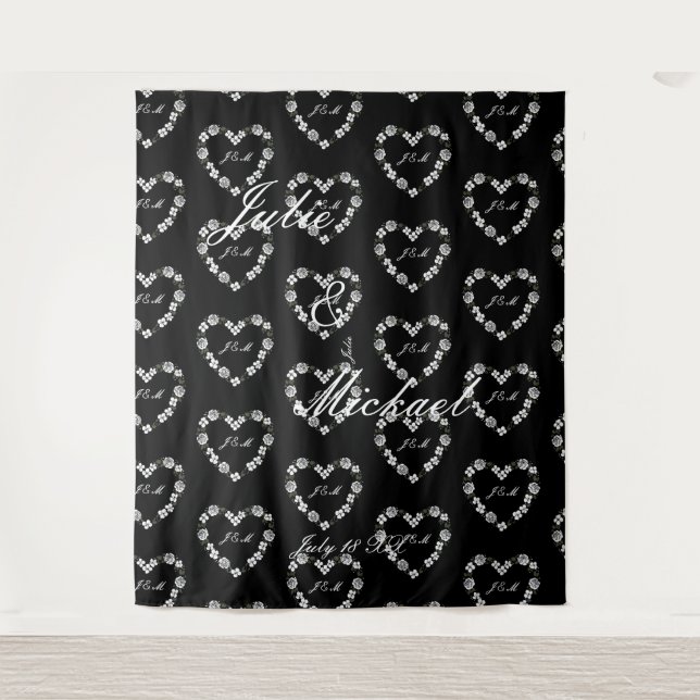 Tapete De Parede Personalize Wedding Backdrop Black and White Heart (Frente)