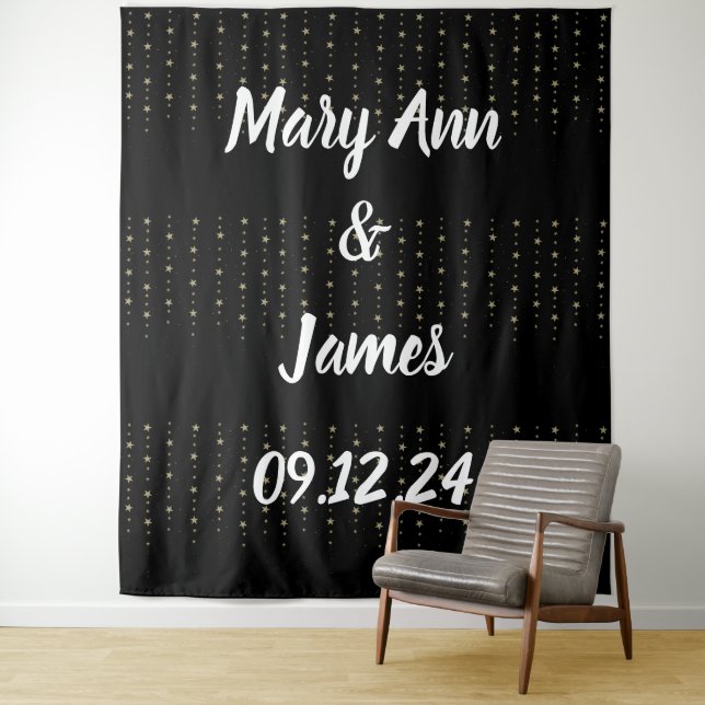 Tapete De Parede Personalized Wedding Backdrop Black Gold Lights (In Situ)