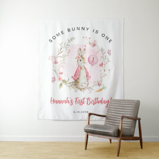 Tapete De Parede Peter Rabbit Pink 1st Birthday Some Bunny is ONE