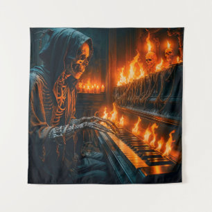 Tapete De Parede Pianista Esqueletal em Cena Gótica Flamejante
