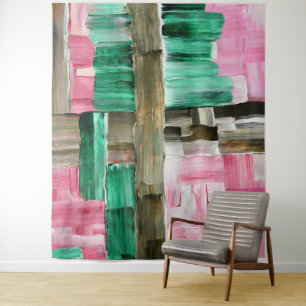 Tapete De Parede Pinceladas Abstratas em Verde, Rosa e Marrom