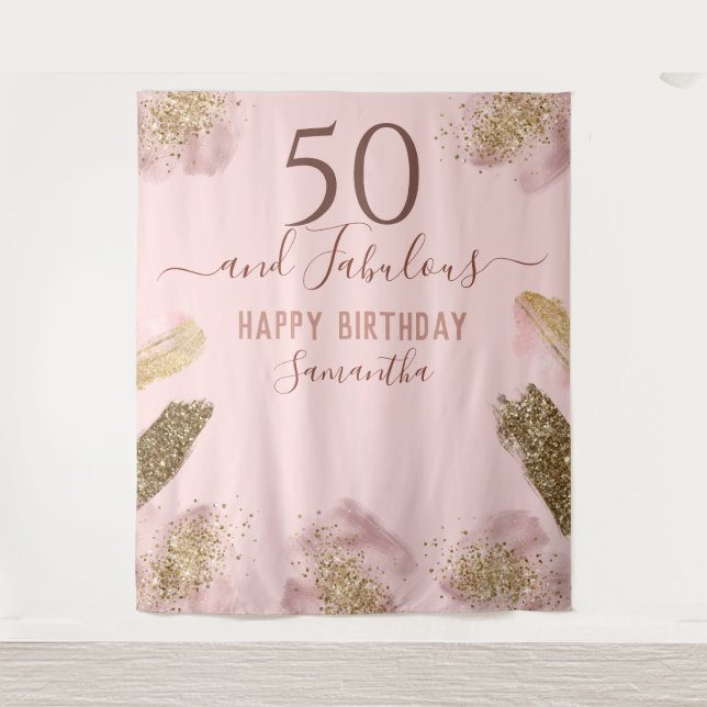 Tapete De Parede Pinceladas de Brilho Rosa Feliz Aniversário de 50  (Frente)