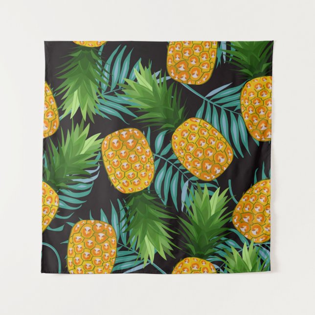 Tapete De Parede Pineapple seamless pattern with palm leaves on bla (Frente)