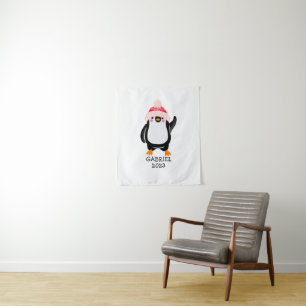 Tapete De Parede Pinguim de Natal Gelado Personalizado em Chapéu Ve