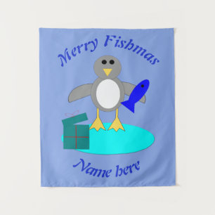 Tapete De Parede Pinguim de pesca de Natal Feliz Personalizado