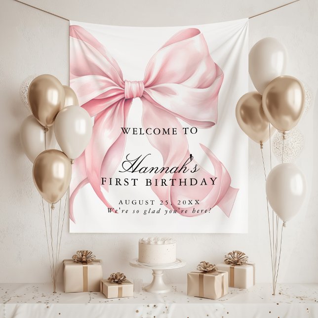 Tapete De Parede Pink Coquette Bow Birthday Party Welcome Sign (Criador carregado)