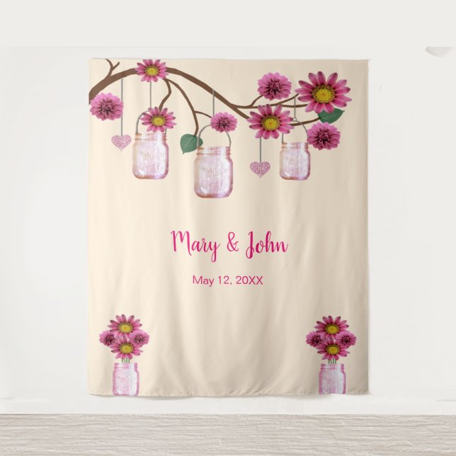 Tapete De Parede Pink Flowers Mason Jars Fotografia Backdrop (Frente)
