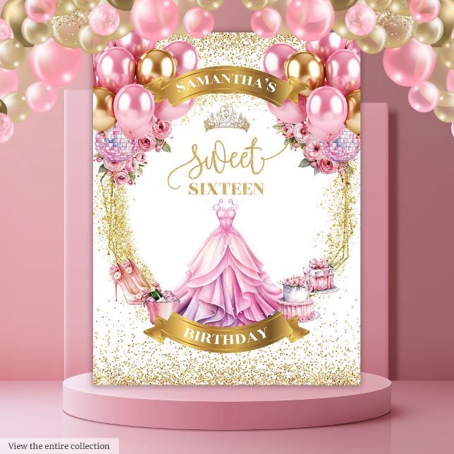 Tapete De Parede Pino Dourado de Litter Clássico de Dezesseis Parti (Classy Sweet Sixteen Party Banner Gold Glitter Pink)