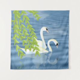 Tapete De Parede Pintando o par de Cisnes Azuis e Verdes no lago