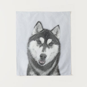 Tapete De Parede Pintura de Cachorro Siberian Husky (Preto e Branco