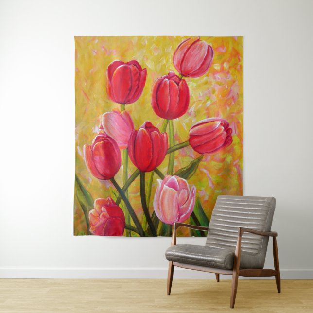 Tapete De Parede Pintura de Tulipas Rosa e Vermelha (In Situ)