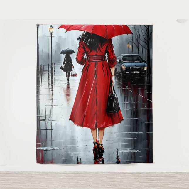 Tapete De Parede pintura de uma mulher caminhando na chuva (Frente)