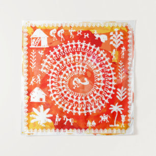 Tapete De Parede Pintura de Warli - desenhada à mão como tradiciona