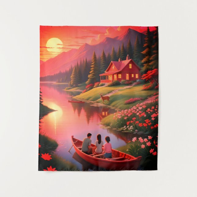 Tapete De Parede Pintura do Pôr do Sol com um Lago e Chalé-68678 (Frente)