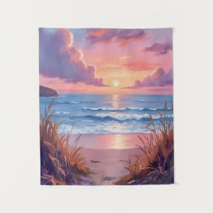 Tapete De Parede Pintura em Aquarela do Pôr do Sol no Oceano Rosa n