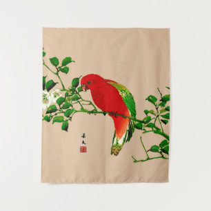 Tapete De Parede Pintura japonesa de papagaio, vermelho e verde
