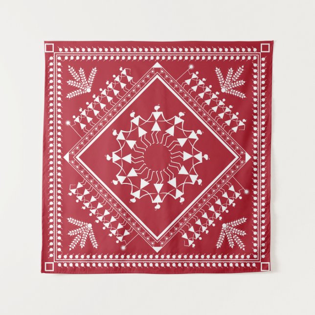 Tapete De Parede Pintura tribal indiana. Warli Paintingart, índio, (Frente)