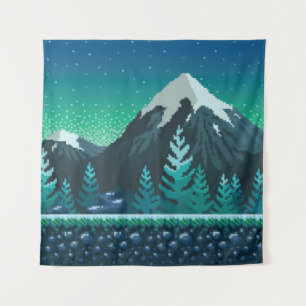 Tapete De Parede Pixel Art: Montanhas Neves Noite.