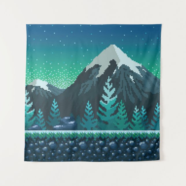 Tapete De Parede Pixel Art: Montanhas Neves Noite. (Frente)