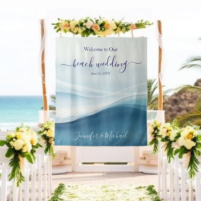 Tapete De Parede Placa de Boas-Vindas para Casamento Sereno na Prai (Serene Blue Beach Wedding Welcome Sign Tapestry)