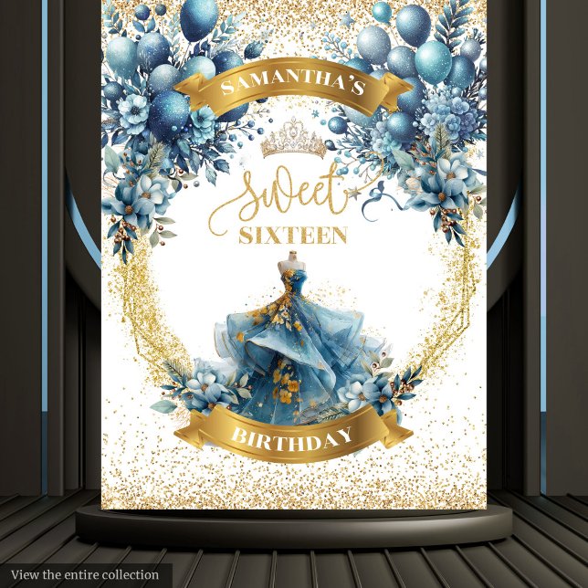 Tapete De Parede Placa de Fundo Sparkle Dourada Azul 16 Azul (Sweet Sixteen Blue Gold Watercolor Sparkle Backdrop)