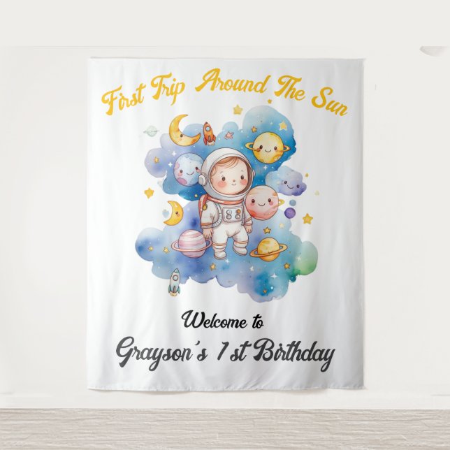 Tapete De Parede Planetas do Espaço Sideral Azul Primeiro Aniversár (Frente)