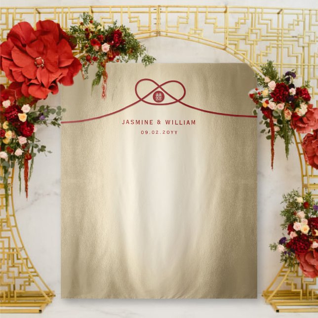 Tapete De Parede Plano de Ação para Felicidade Dupla do Red Knot (Red Knot on Gold Double Happiness Chinese Wedding Photo Backdrop Tapestry @ fatfatin_red_knot)