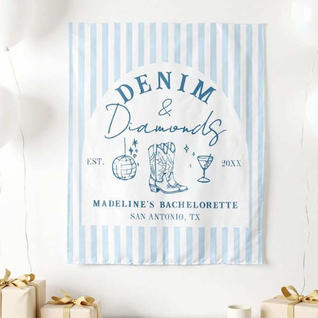 Tapete De Parede Plano de Fundo da Bachelorette de Denim e Ouros De (denim diamonds bachelorette backdrop photo booth hand drawn cowgirl blue white stripes)