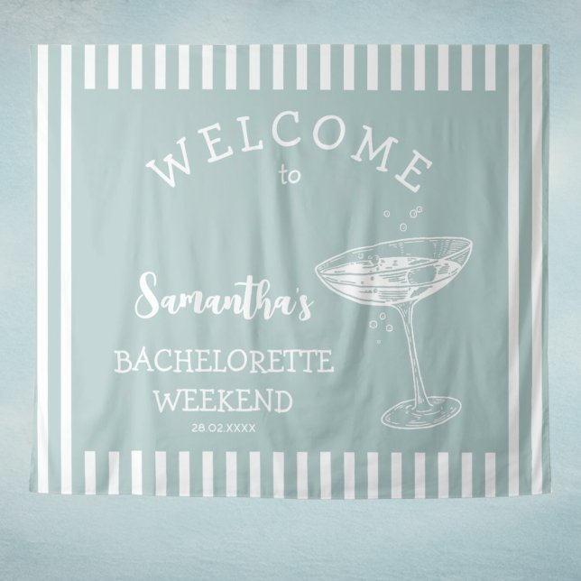 Tapete De Parede Plano de fundo da Festa de solteira bege retroativ (Coastal Modern Bachelorette Party Backdrop Tapestry in nautical light blue and white stripes )