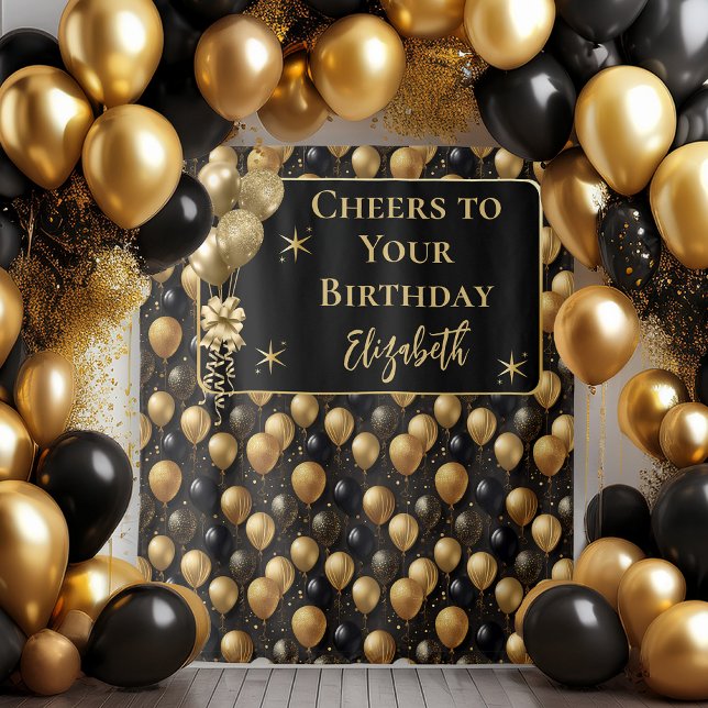Tapete De Parede Plano de fundo dos balões Dourados de aniversário  (Elegant Black and Gold Faux Glitter Balloons Pattern A021 "Cheers to Your Birthday" [Name] Backdrop)