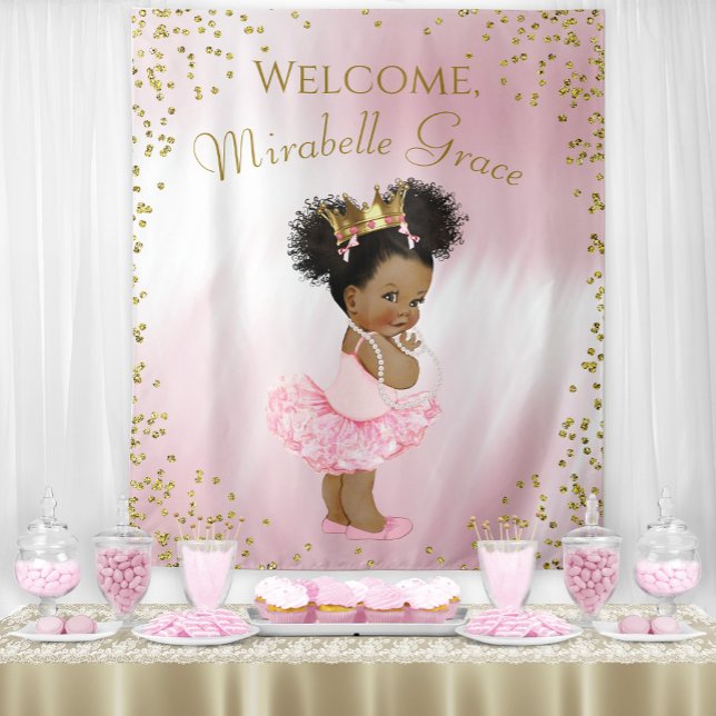 Tapete De Parede Pôster de Fundo de Chuva de Bebê Afro Princesa (Cute pink and gold princess baby shower backdrop. Simply add your own text.)