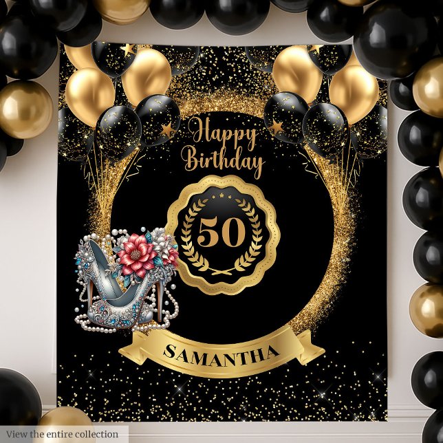 Tapete De Parede Prata Dourada Negra Brilhante 50º Plano de Anivers (Shiny Black Gold Silver 50th Birthday Backdrop)