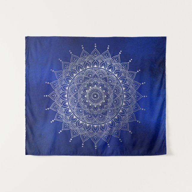 Tapete De Parede Prata elegante no Floral Azul Profundo Henna Manda (Frente (Horizontal))