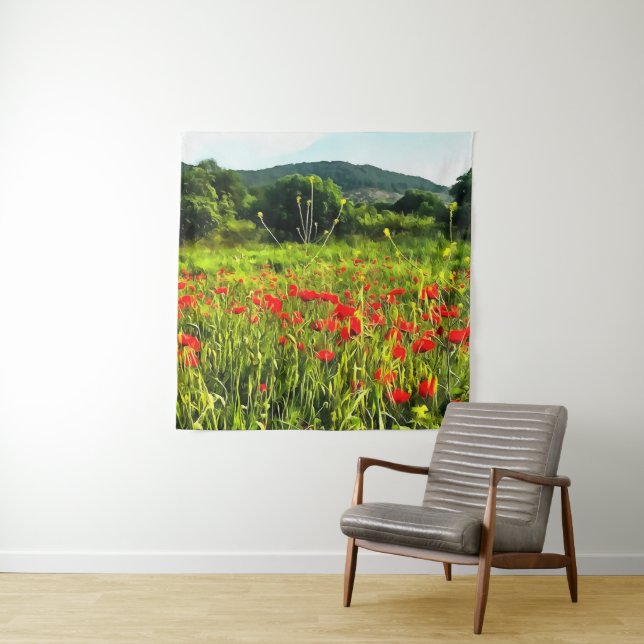 Tapete De Parede Primavera Poppies Meadow e Mountain Landscape (In Situ)