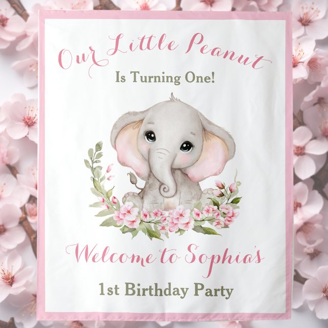 Tapete De Parede Primeiro Aniversário Rapariga Elefante Sinal de Bo (First Birthday Girl Elephant Welcome Sign Tapestry)