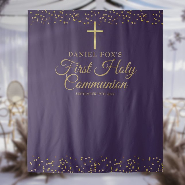 Tapete De Parede Primeiro Plano de Fotografia Dourada Roxo da Comun (First Communion Purple Gold Photo Backdrop)