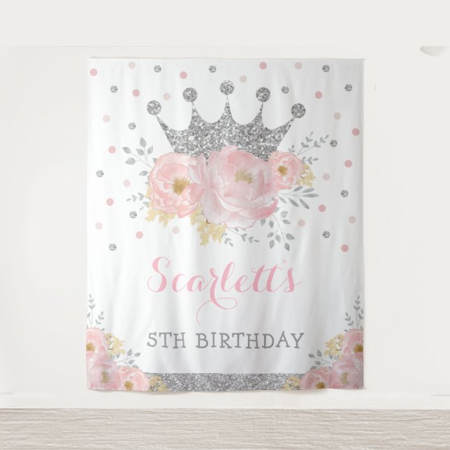 Tapete De Parede Princesa Blush Floral Silver Crown Aniversário (Frente)