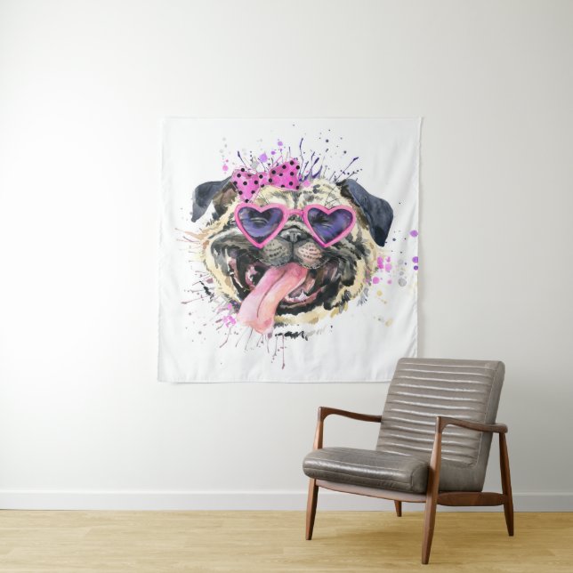 Tapete De Parede Pug de Aquarela Rosa-Rosa (In Situ)