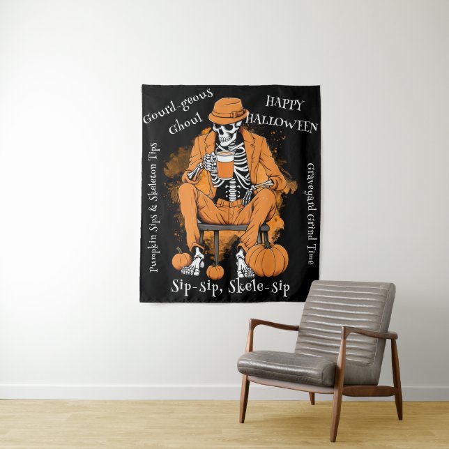 Tapete De Parede Pumpkin Sips Skeleton Tips Wall Hanging, Halloween (In Situ)