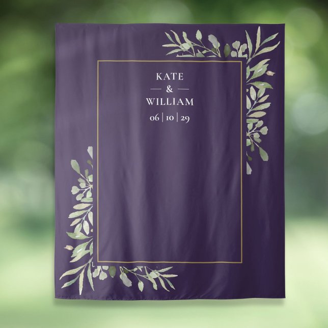 Tapete De Parede Púrpura Verde Foto de Casamento Booth (Purple Greenery Wedding Photo Booth Backdrop)