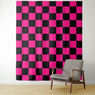 Tapete De Parede Quadrados xadrez rosa quente preto geométrico retr