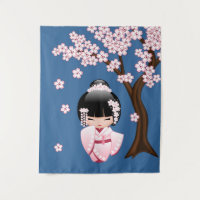 Quimono Rosa Boneca Kawaii Kokeshi em Azul