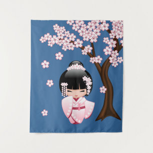 Tapete De Parede Quimono Rosa Boneca Kawaii Kokeshi em Azul