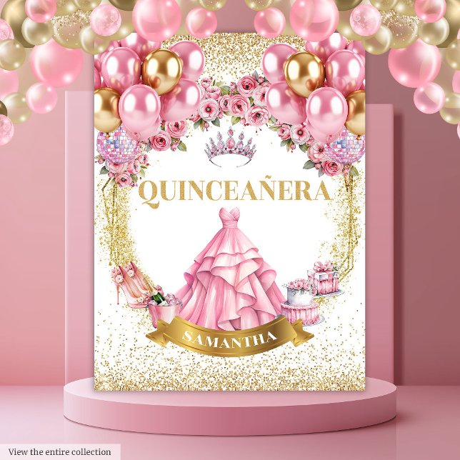 Tapete De Parede Quinceañera Backdrop Rosa Dourada Glitter Princesa (Quinceañera Backdrop Pink Gold Glitter Princess

)